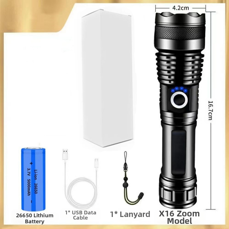 Фенер с телескопично увеличение, алуминиев корпус, USB презареждане, LED 10W, обхват 200–500 м за къмпинг и на открито