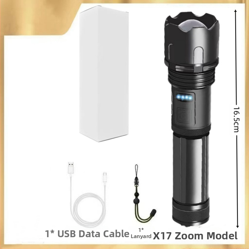 Фенер с телескопично увеличение, алуминиев корпус, USB презареждане, LED 10W, обхват 200–500 м за къмпинг и на открито