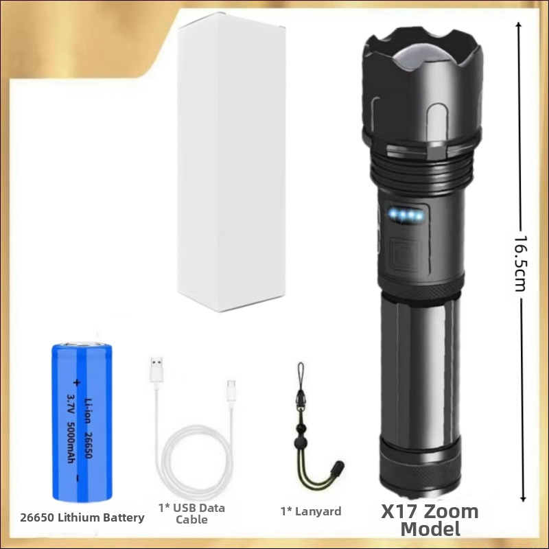 Фенер с телескопично увеличение, алуминиев корпус, USB презареждане, LED 10W, обхват 200–500 м за къмпинг и на открито