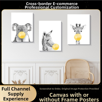 Pictură pe pânză în stil nordic — Motiv drăguț cu animale de desene animate, fără ramă, panou unic, material pânză, potrivit pentru living și camera copiilor