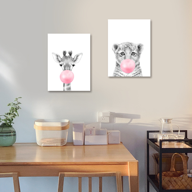 Pictură pe pânză în stil nordic — Motiv drăguț cu animale de desene animate, fără ramă, panou unic, material pânză, potrivit pentru living și camera copiilor