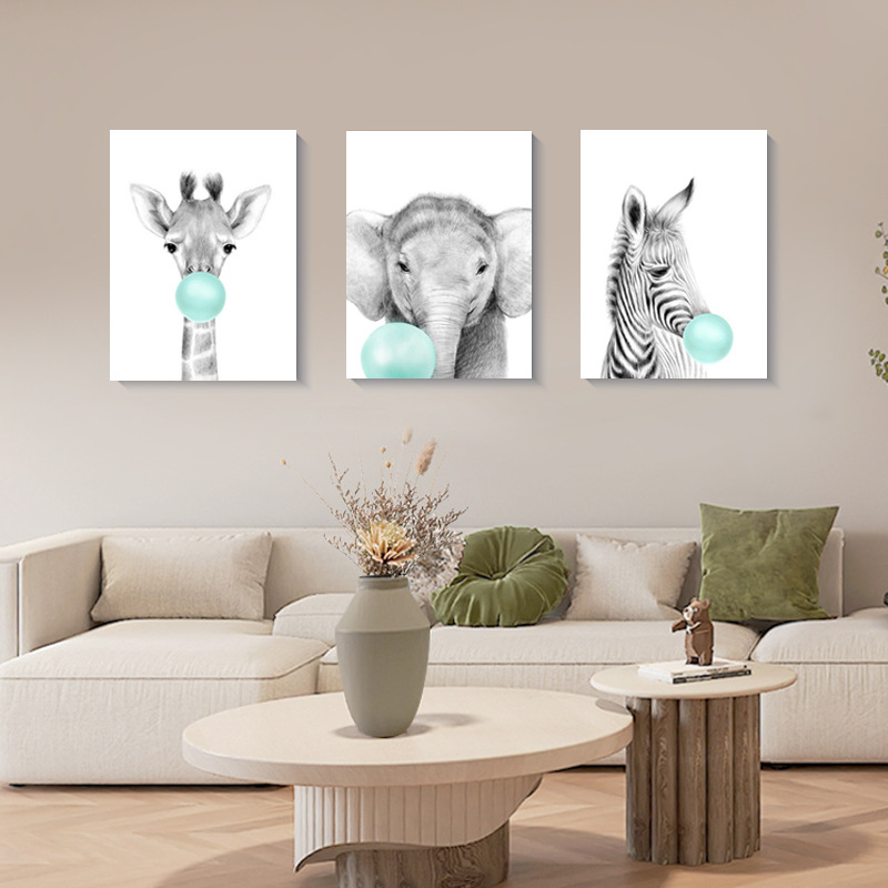 Pictură pe pânză în stil nordic — Motiv drăguț cu animale de desene animate, fără ramă, panou unic, material pânză, potrivit pentru living și camera copiilor