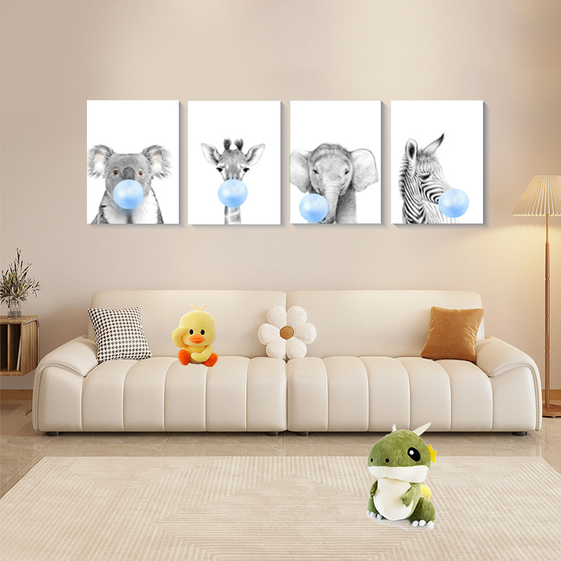 Pictură pe pânză în stil nordic — Motiv drăguț cu animale de desene animate, fără ramă, panou unic, material pânză, potrivit pentru living și camera copiilor