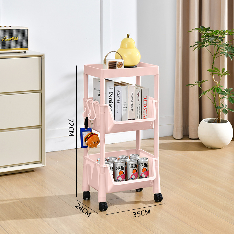 3-szintes mozgatható műanyag tárolóállvány padlón álló kivitelben – nappali, konyha, fürdőszoba, hálószoba és íróasztalhoz