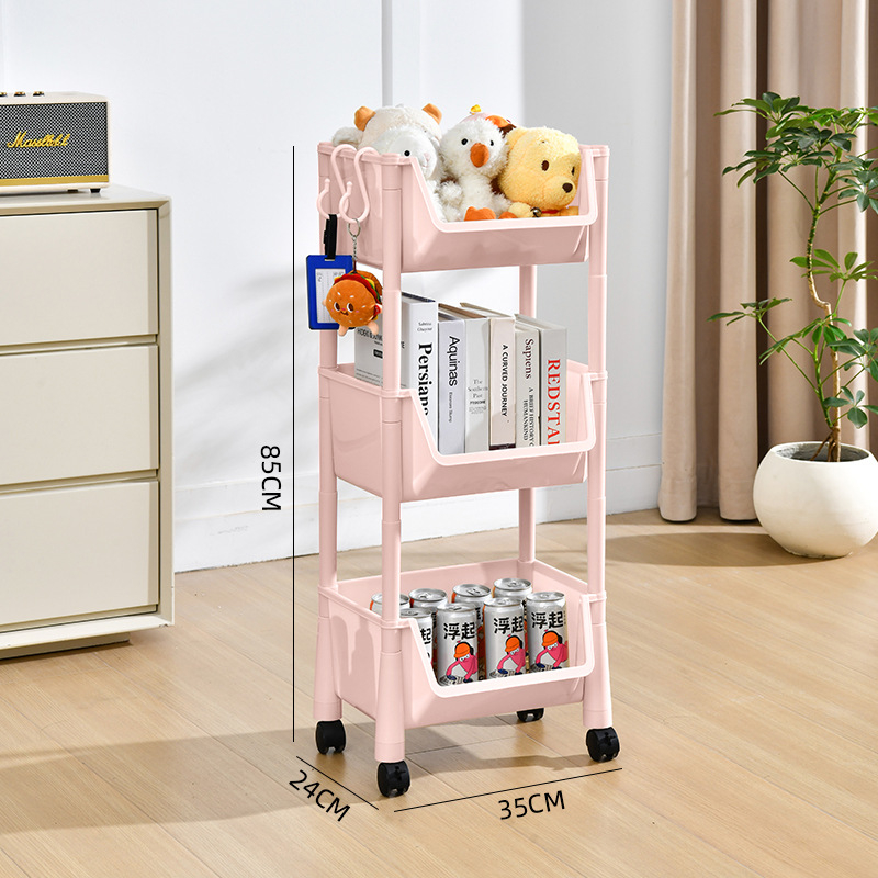 3-szintes mozgatható műanyag tárolóállvány padlón álló kivitelben – nappali, konyha, fürdőszoba, hálószoba és íróasztalhoz