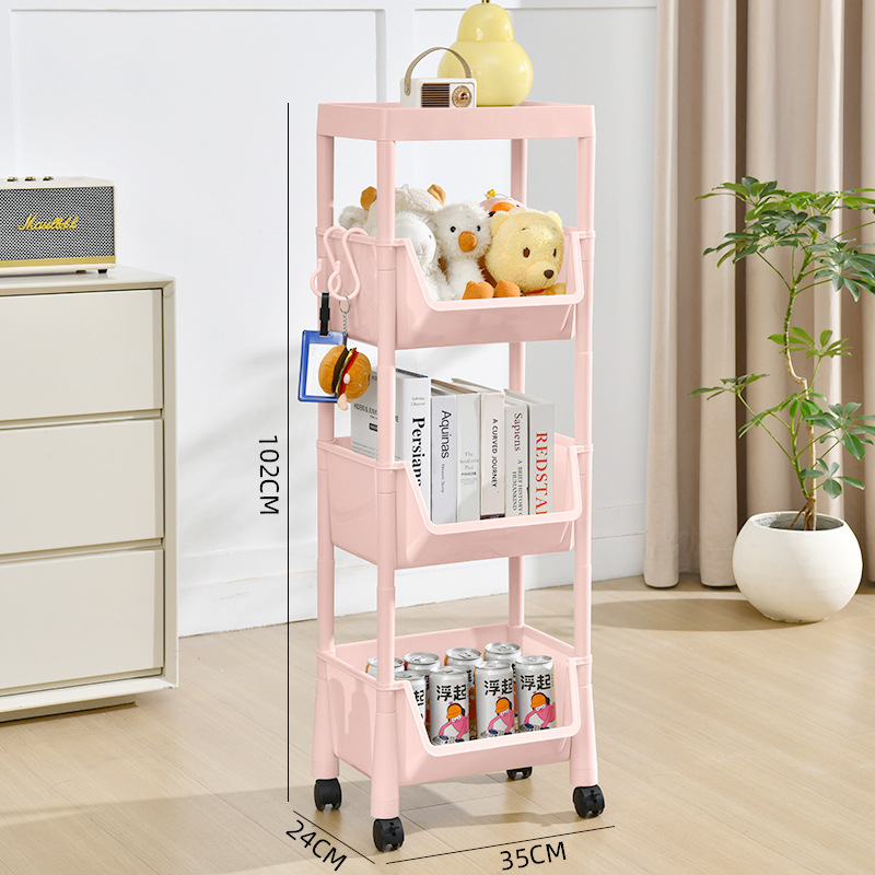 3-szintes mozgatható műanyag tárolóállvány padlón álló kivitelben – nappali, konyha, fürdőszoba, hálószoba és íróasztalhoz