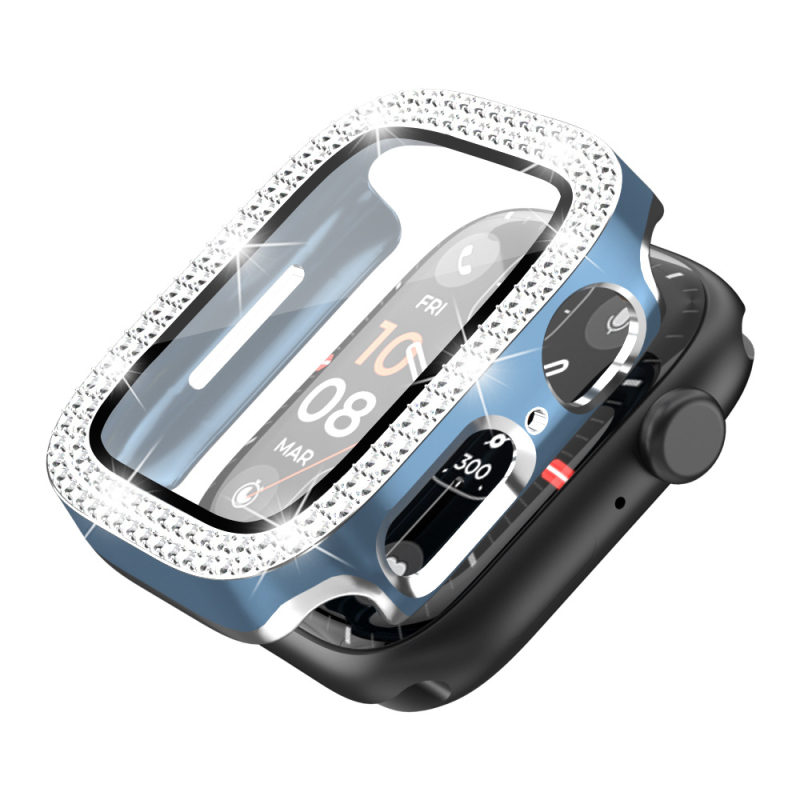 Θήκη Apple Watch Series 9 με λέιζερ χαρακτική και διπλή σειρά διαμαντιών, υλικό PC, ενσωματωμένος περίβλημα και προστατευτικό φιλμ