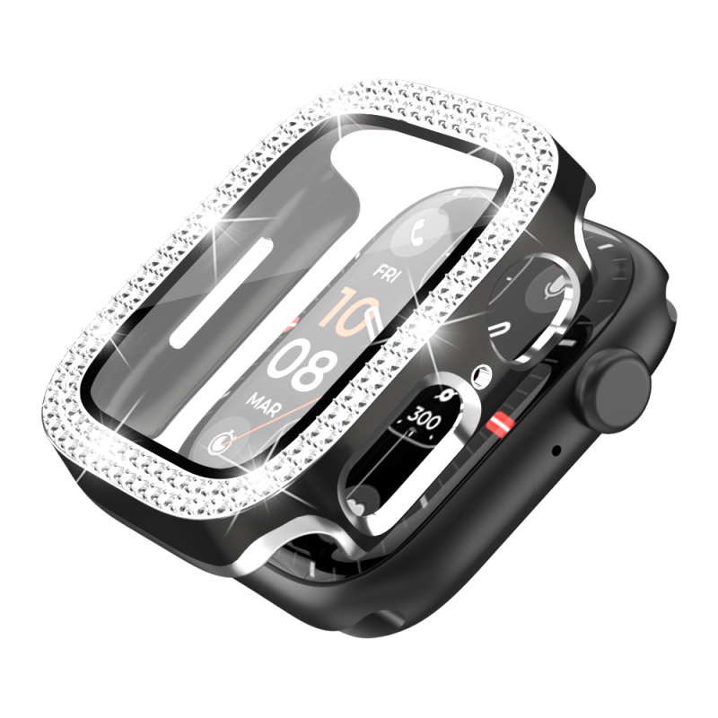 Θήκη Apple Watch Series 9 με λέιζερ χαρακτική και διπλή σειρά διαμαντιών, υλικό PC, ενσωματωμένος περίβλημα και προστατευτικό φιλμ