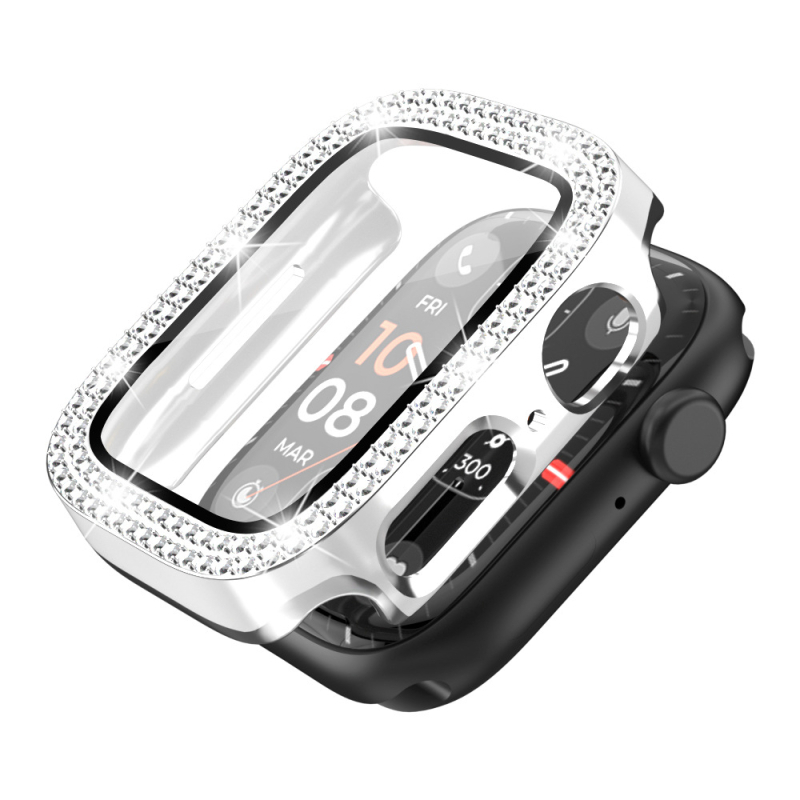 Θήκη Apple Watch Series 9 με λέιζερ χαρακτική και διπλή σειρά διαμαντιών, υλικό PC, ενσωματωμένος περίβλημα και προστατευτικό φιλμ