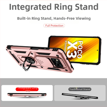 POCO X3 viedtālruņa vāciņš – Divi vienā, Originālais dizains; Materiāls: TPU+PC; Proces: Injekcijas formēšana; Funkcijas: Statīvs/Turētājs, Magnētiskais pievilkums, Kritienu aizsardzība; Saderīgs ar POCO X3