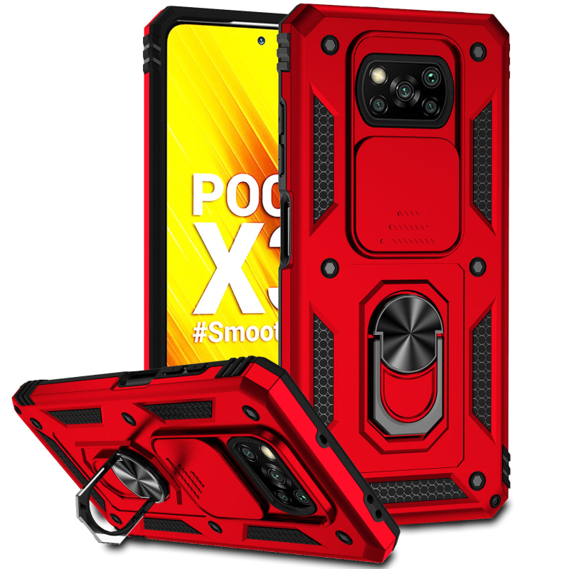 POCO X3 viedtālruņa vāciņš – Divi vienā, Originālais dizains; Materiāls: TPU+PC; Proces: Injekcijas formēšana; Funkcijas: Statīvs/Turētājs, Magnētiskais pievilkums, Kritienu aizsardzība; Saderīgs ar POCO X3