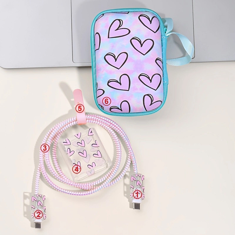 Комплект защитни обвивки за iPhone 14 кабел и Apple 20W зарядно: TPU + EVA, модел YJX-017, 6-частен комплект за навиване, включва торбичка за съхранение, 20W глава, капак за кабел, 1,5 m навиван кабел, лента за съхранение