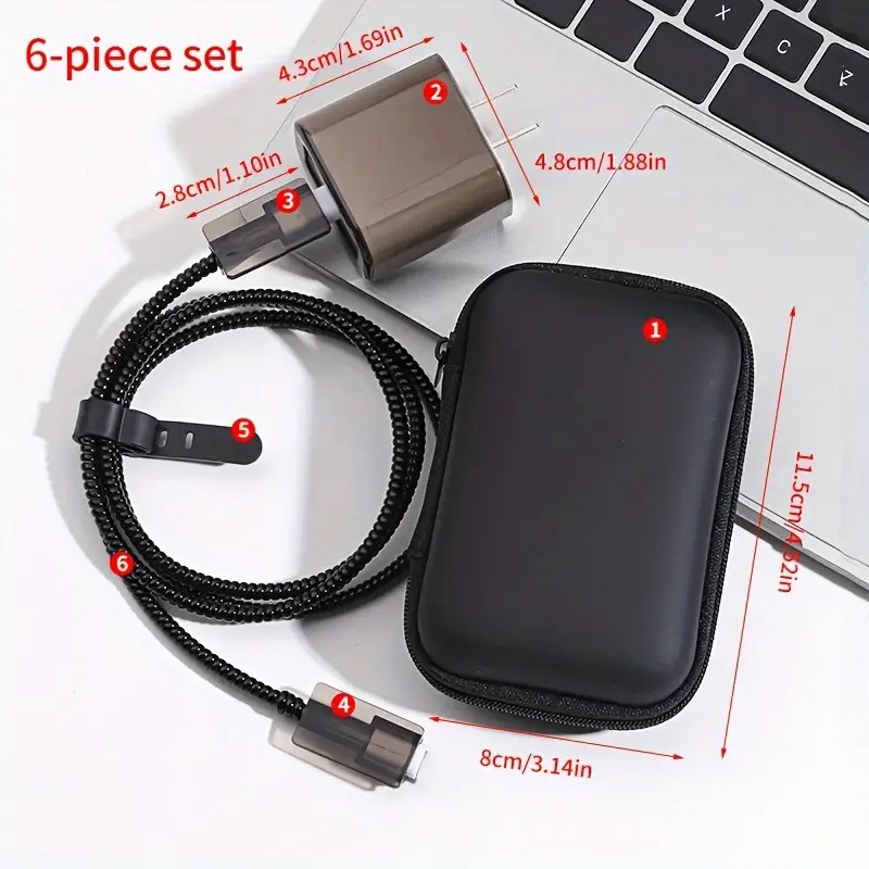 Комплект защитни обвивки за iPhone 14 кабел и Apple 20W зарядно: TPU + EVA, модел YJX-017, 6-частен комплект за навиване, включва торбичка за съхранение, 20W глава, капак за кабел, 1,5 m навиван кабел, лента за съхранение