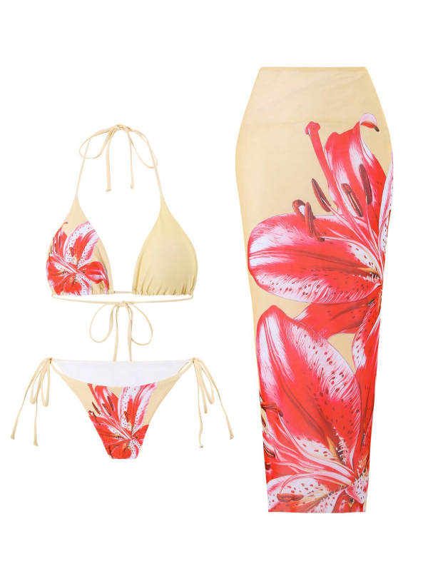 Set de baie din trei piese – imprimeu sexy, elasticitate înaltă, poliester 85% / spandex 15%, cupe bust cu suport din oțel absent, căptușeală 95% poliester / 5% spandex, potrivit pentru înot și sporturi acvatice