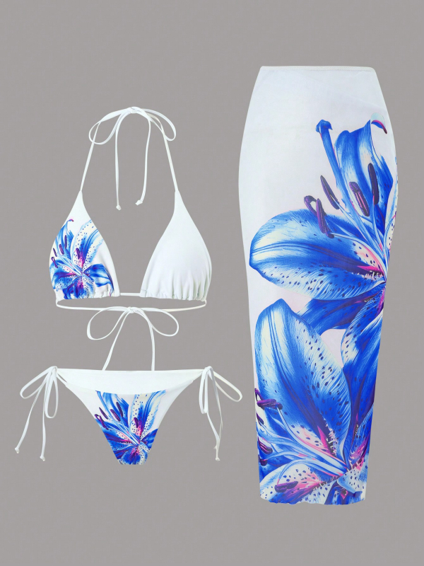 Set de baie din trei piese – imprimeu sexy, elasticitate înaltă, poliester 85% / spandex 15%, cupe bust cu suport din oțel absent, căptușeală 95% poliester / 5% spandex, potrivit pentru înot și sporturi acvatice