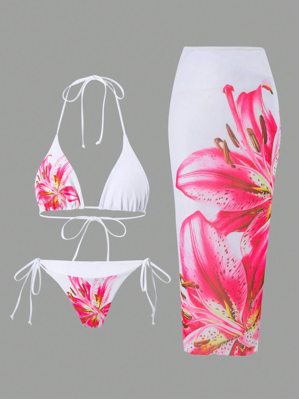 Set de baie din trei piese – imprimeu sexy, elasticitate înaltă, poliester 85% / spandex 15%, cupe bust cu suport din oțel absent, căptușeală 95% poliester / 5% spandex, potrivit pentru înot și sporturi acvatice