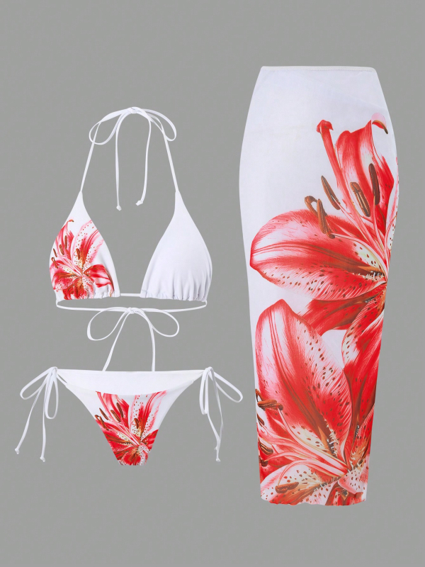 Set de baie din trei piese – imprimeu sexy, elasticitate înaltă, poliester 85% / spandex 15%, cupe bust cu suport din oțel absent, căptușeală 95% poliester / 5% spandex, potrivit pentru înot și sporturi acvatice