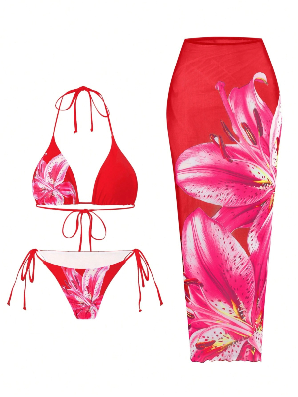 Set de baie din trei piese – imprimeu sexy, elasticitate înaltă, poliester 85% / spandex 15%, cupe bust cu suport din oțel absent, căptușeală 95% poliester / 5% spandex, potrivit pentru înot și sporturi acvatice