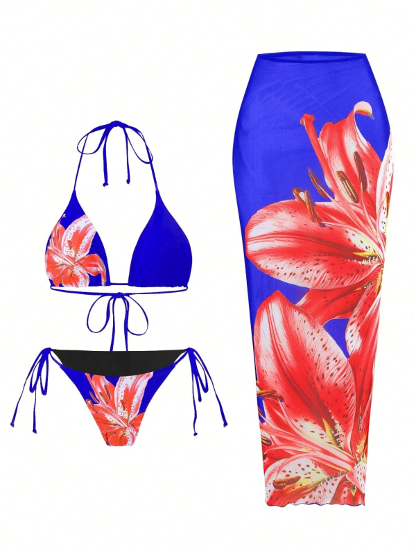 Set de baie din trei piese – imprimeu sexy, elasticitate înaltă, poliester 85% / spandex 15%, cupe bust cu suport din oțel absent, căptușeală 95% poliester / 5% spandex, potrivit pentru înot și sporturi acvatice