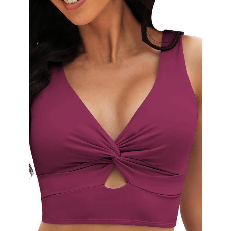 Costum de baie din două piese, cu bureți pentru bust și fără suport metalic; material: poliester 82%; căptușeală: spandex; greutate 150 g; fără mâneci