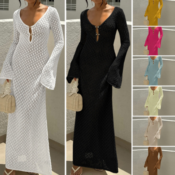 Rochie lungă cu decolteu în V, model geometric, mâneci lungi, talie medie, poliester