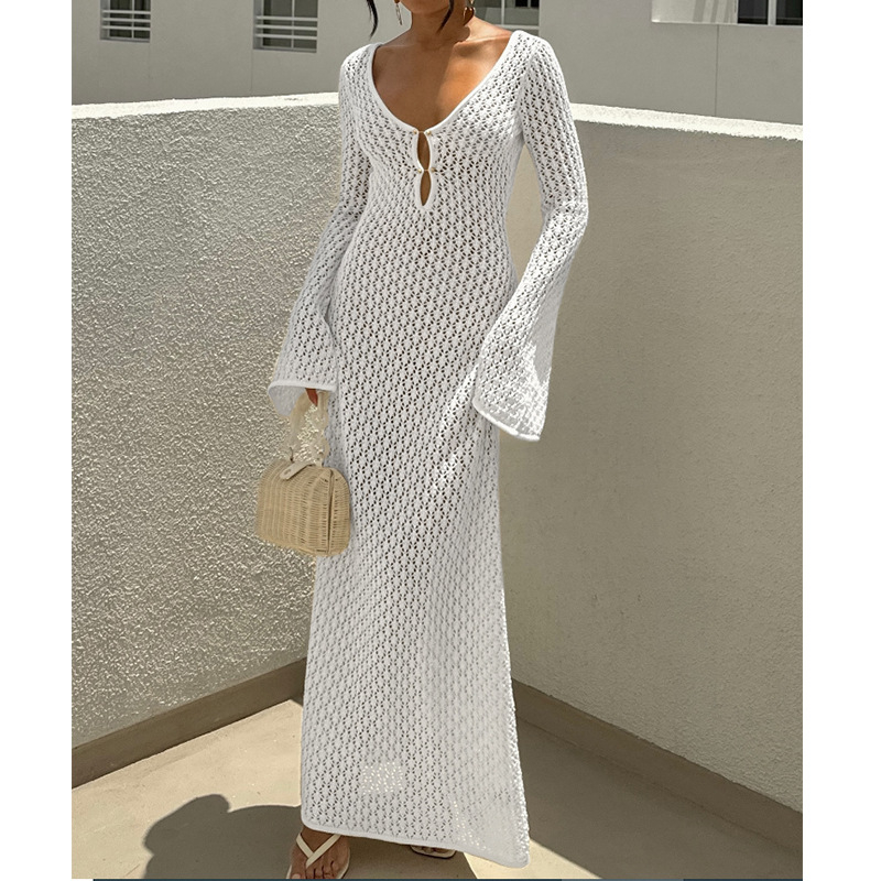 Rochie lungă cu decolteu în V, model geometric, mâneci lungi, talie medie, poliester