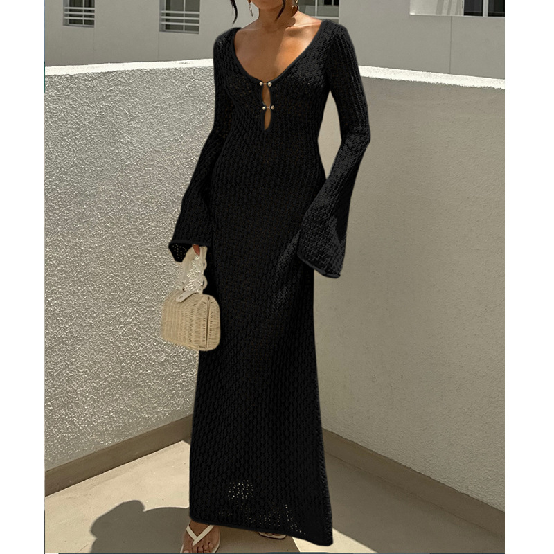 Rochie lungă cu decolteu în V, model geometric, mâneci lungi, talie medie, poliester