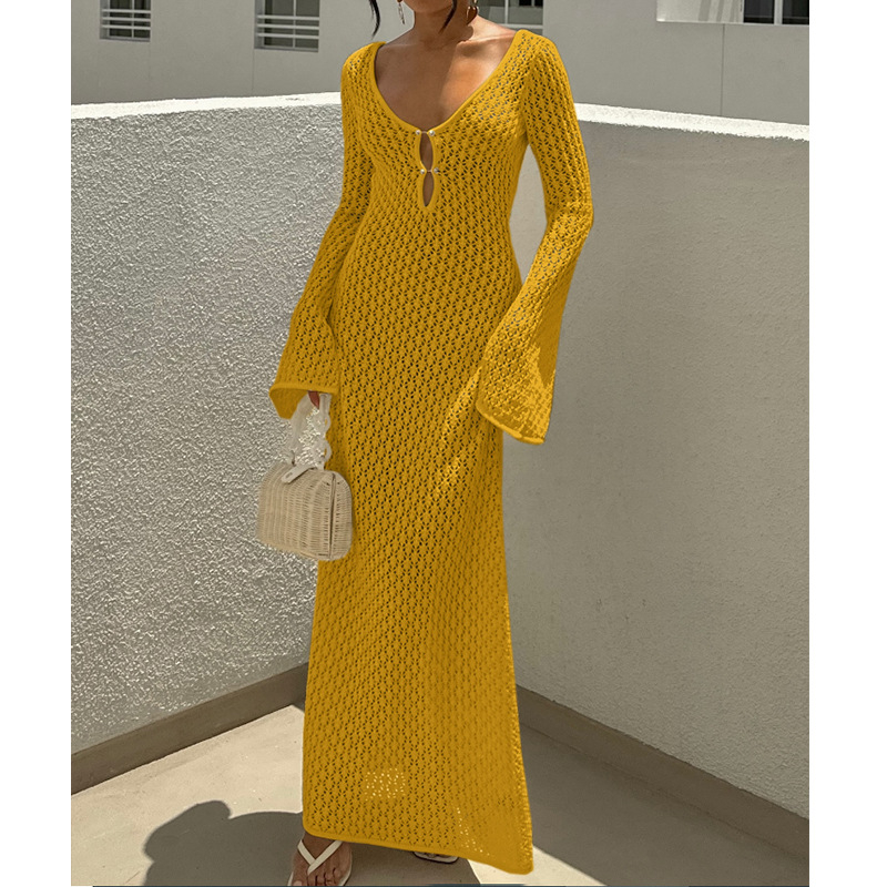 Rochie lungă cu decolteu în V, model geometric, mâneci lungi, talie medie, poliester