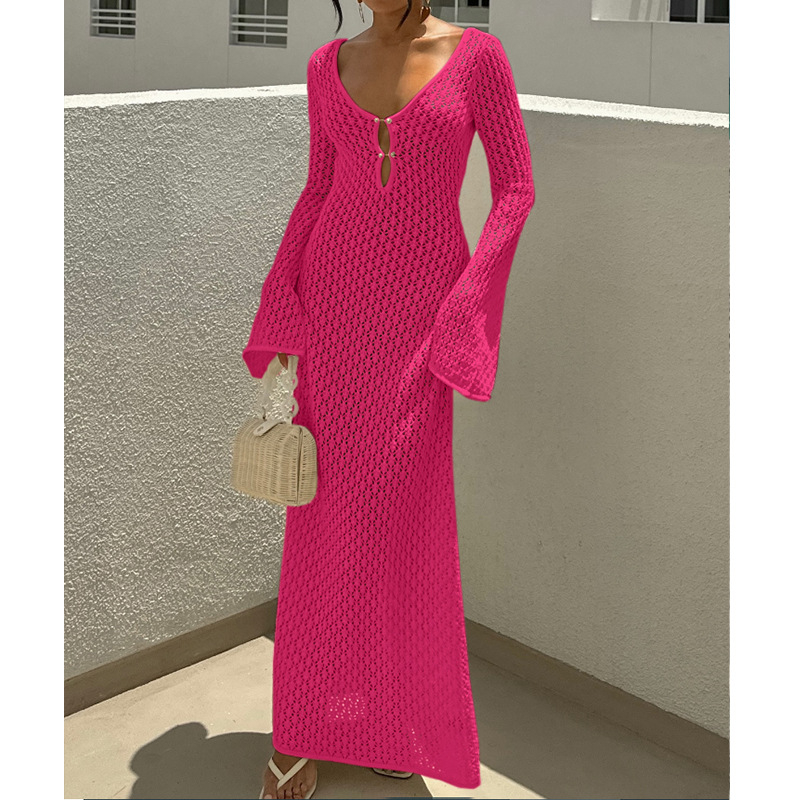 Rochie lungă cu decolteu în V, model geometric, mâneci lungi, talie medie, poliester