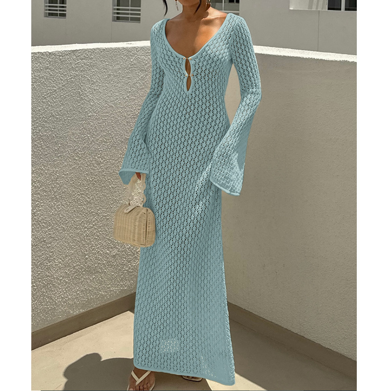 Rochie lungă cu decolteu în V, model geometric, mâneci lungi, talie medie, poliester