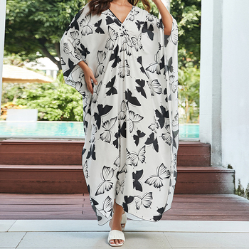 Φόρεμα κάλυψης για την παραλία με εκτυπωμένο ύφασμα rayon, στρογγυλός λαιμός, κοντά μανίκια, Α-γραμμική σιλουέτα