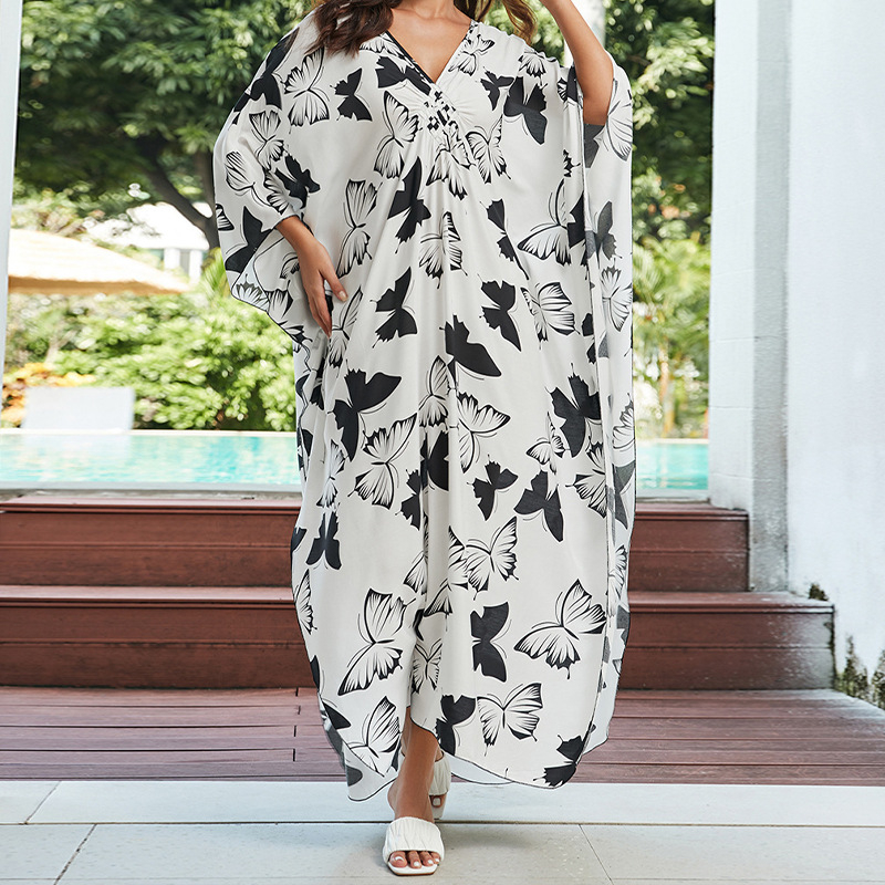 Rochie de plajă cu imprimeu, material rayon, guler rotund, mâneci scurte, croială în A-line