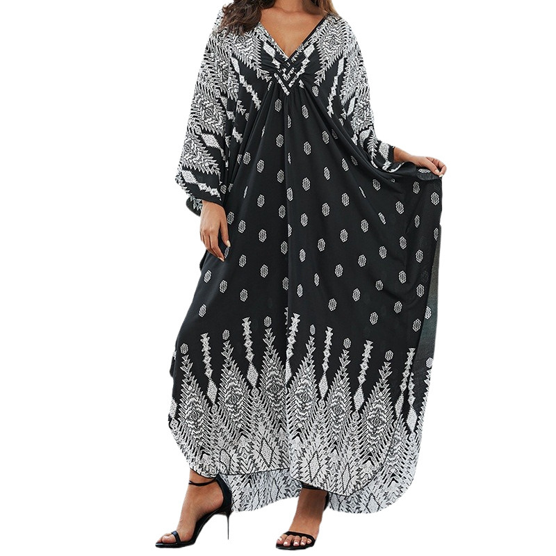 Rochie de plajă cu imprimeu, material rayon, guler rotund, mâneci scurte, croială în A-line
