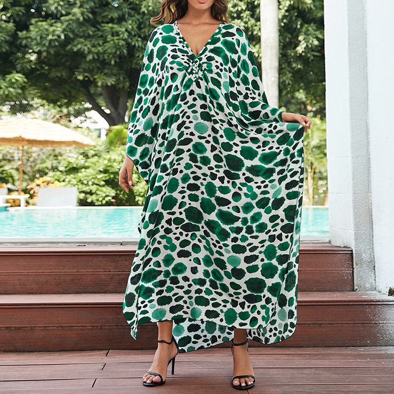Rochie de plajă cu imprimeu, material rayon, guler rotund, mâneci scurte, croială în A-line