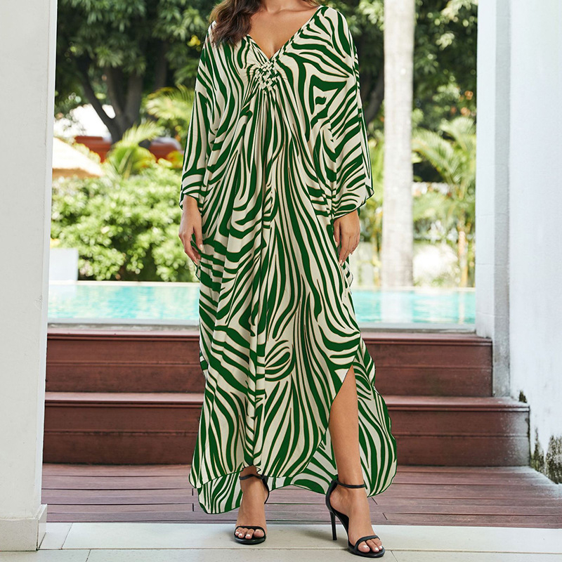 Rochie de plajă cu imprimeu, material rayon, guler rotund, mâneci scurte, croială în A-line