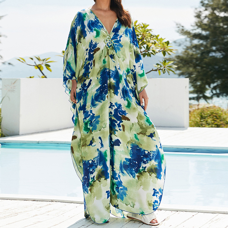Rochie de plajă cu imprimeu, material rayon, guler rotund, mâneci scurte, croială în A-line