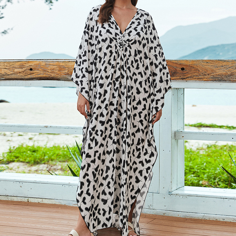 Rochie de plajă cu imprimeu, material rayon, guler rotund, mâneci scurte, croială în A-line