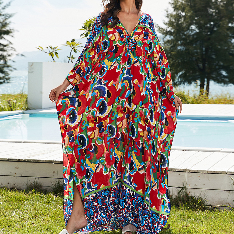 Rochie de plajă cu imprimeu, material rayon, guler rotund, mâneci scurte, croială în A-line