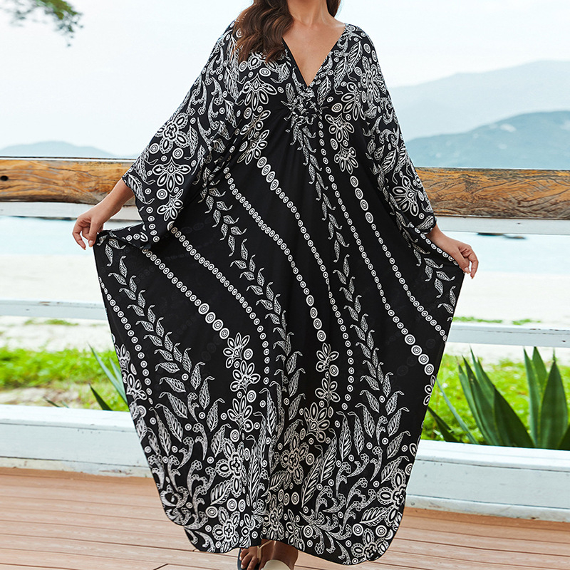 Rochie de plajă cu imprimeu, material rayon, guler rotund, mâneci scurte, croială în A-line