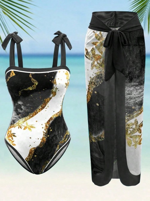 Moterų viengubo maudymosi kostiumėlis su spauda, poliesterio mišinio audinys (82% poliesterio), su krūtų pagalvėlėmis, be plieno strypų, be rankovių