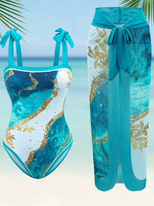 Moterų viengubo maudymosi kostiumėlis su spauda, poliesterio mišinio audinys (82% poliesterio), su krūtų pagalvėlėmis, be plieno strypų, be rankovių