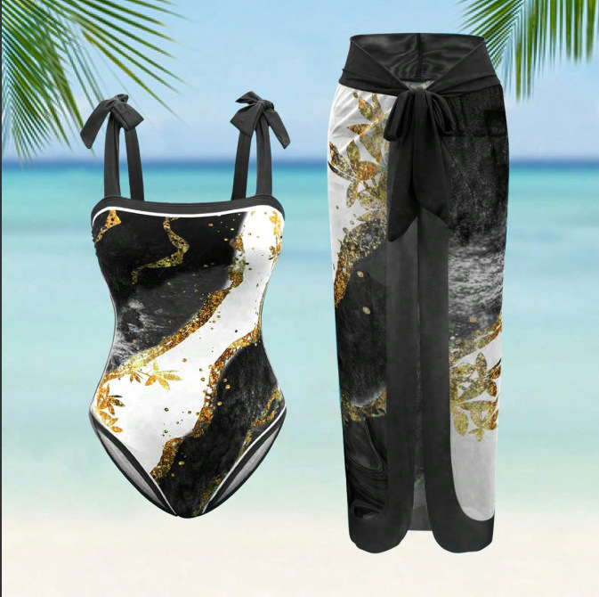 Moterų viengubo maudymosi kostiumėlis su spauda, poliesterio mišinio audinys (82% poliesterio), su krūtų pagalvėlėmis, be plieno strypų, be rankovių