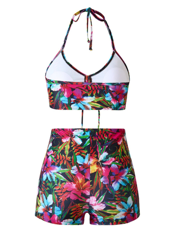 Σετ μαγιό τριών τεμαχίων με εκτύπωση, βαθύ V, μακριά μανίκια, κάλυμμα για προστασία από τον ήλιο, πολυεστέρας