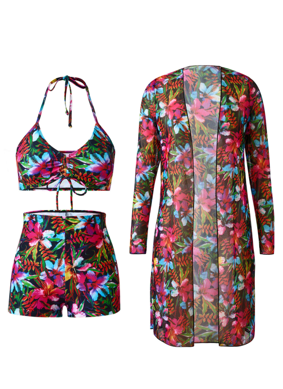 Бански комплект от три части с принт, дълбоко V, дълги ръкави, покривало за слънце, полиестер