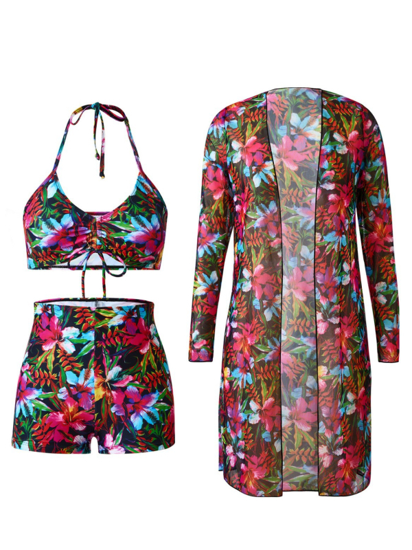 Trys dalių maudymosi kostiumėlis su spauda, gili V iškirptė, ilgos rankovės, saulės apsaugos uždangalas, poliesteris