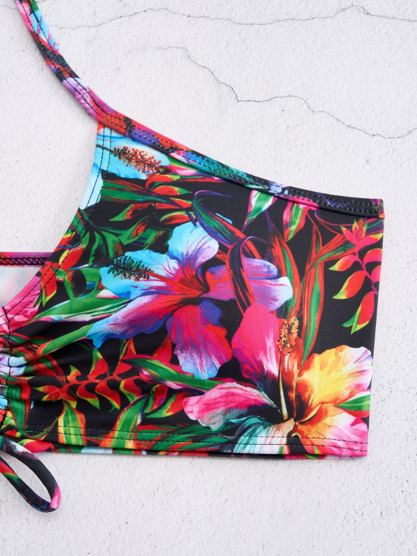 Бански комплект от три части с принт, дълбоко V, дълги ръкави, покривало за слънце, полиестер