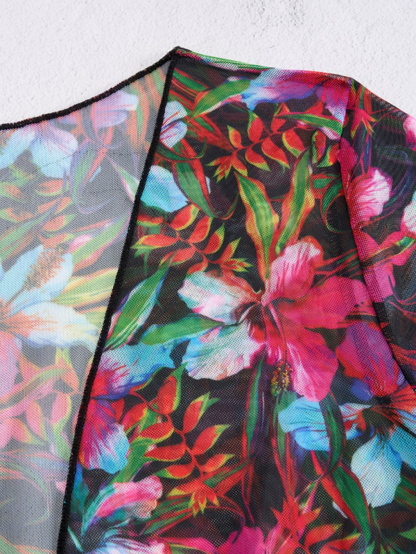 Бански комплект от три части с принт, дълбоко V, дълги ръкави, покривало за слънце, полиестер