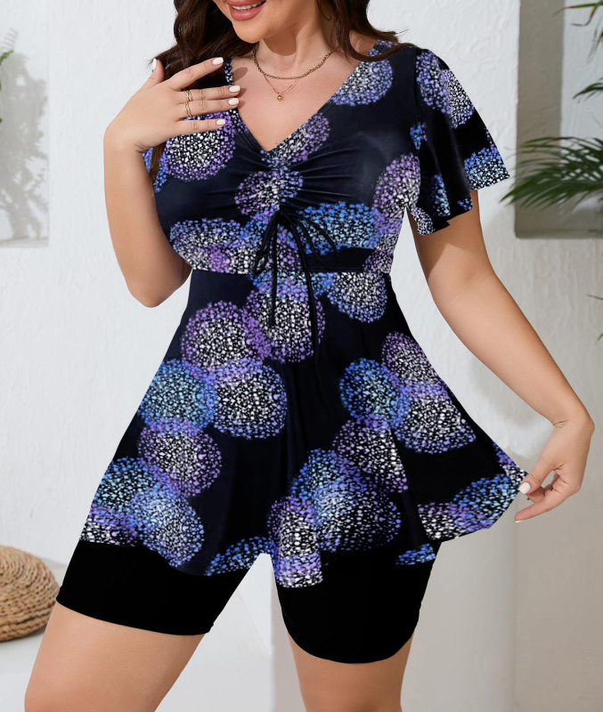 Tankini бански костюм с пола; принт; покрива корема; без ръкави; чашки с подплата