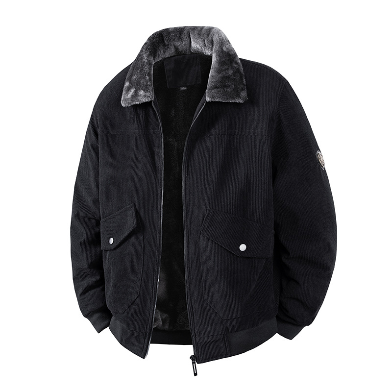 Jachetă Corduroy pentru bărbați, iarnă, căptușită cu fleece, groasă, fermoar, guler lapel, croială lejeră, buzunare laterale