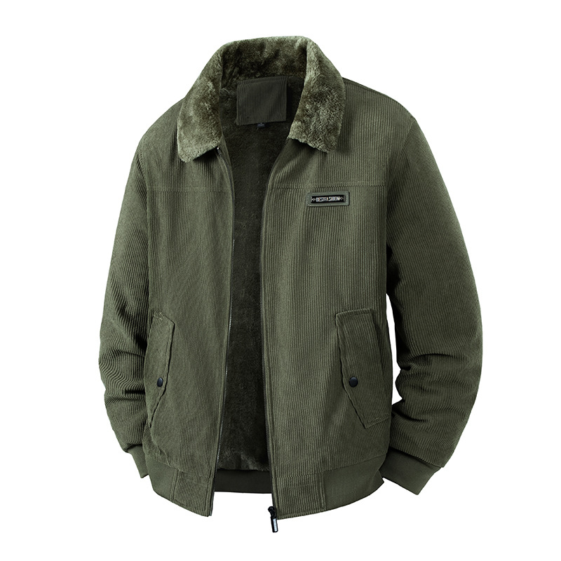 Jachetă Corduroy pentru bărbați, iarnă, căptușită cu fleece, groasă, fermoar, guler lapel, croială lejeră, buzunare laterale